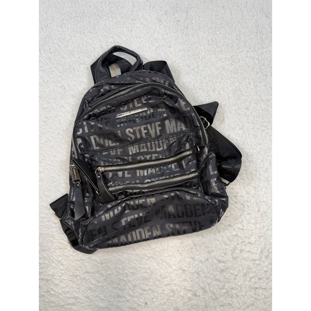Steve Madden Black Nylon Logo Print Mini Backpack Bag Adjustable Straps